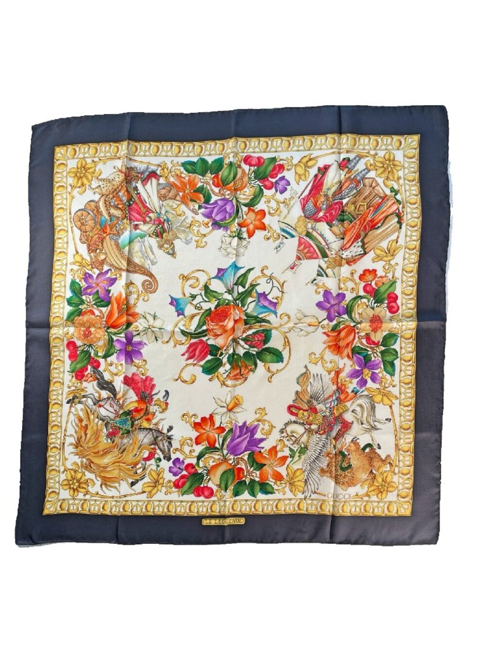 Vintage Gucci Le Leggende Silk Scarf – Knights Horses Floral Print – 34"